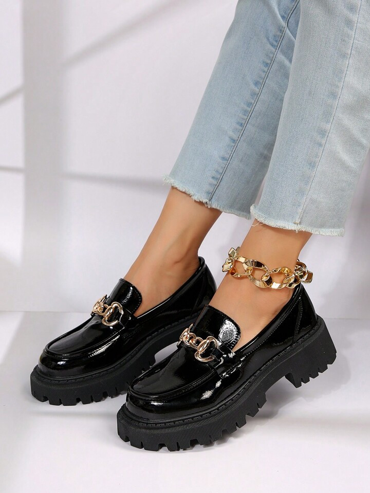 Fashionable Wedge Heel & Thick Sole Glossy Black Shoes | SHEIN