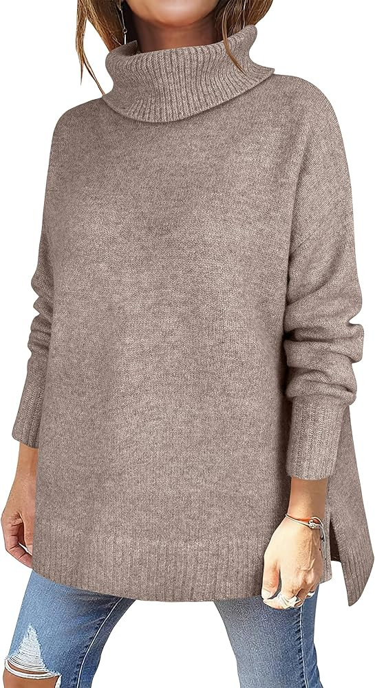 ANRABESS Womens Oversized Turtleneck Sweaters Casual Fall Long Sleeve Knit Spilt Hem Tunic Pullov... | Amazon (US)