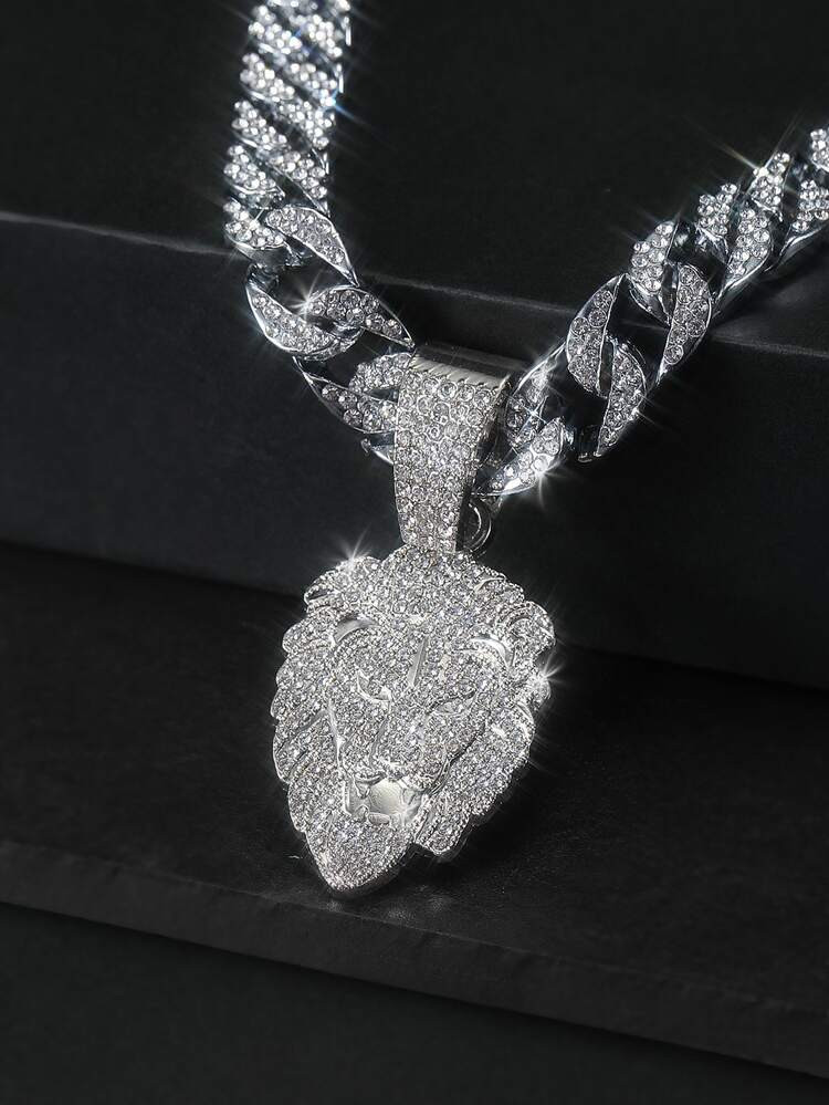 Hip Hop For Women Men Fashion Rhinestone Lion Head Charm Necklace Perfect Jewelry Gift For Party | SHEIN