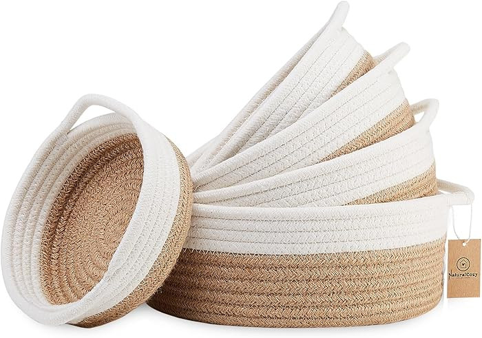5-Piece Round Woven Cotton Rope Storage Baskets for Organizing, Small Shallow Nesting Set for Mon... | Amazon (US)