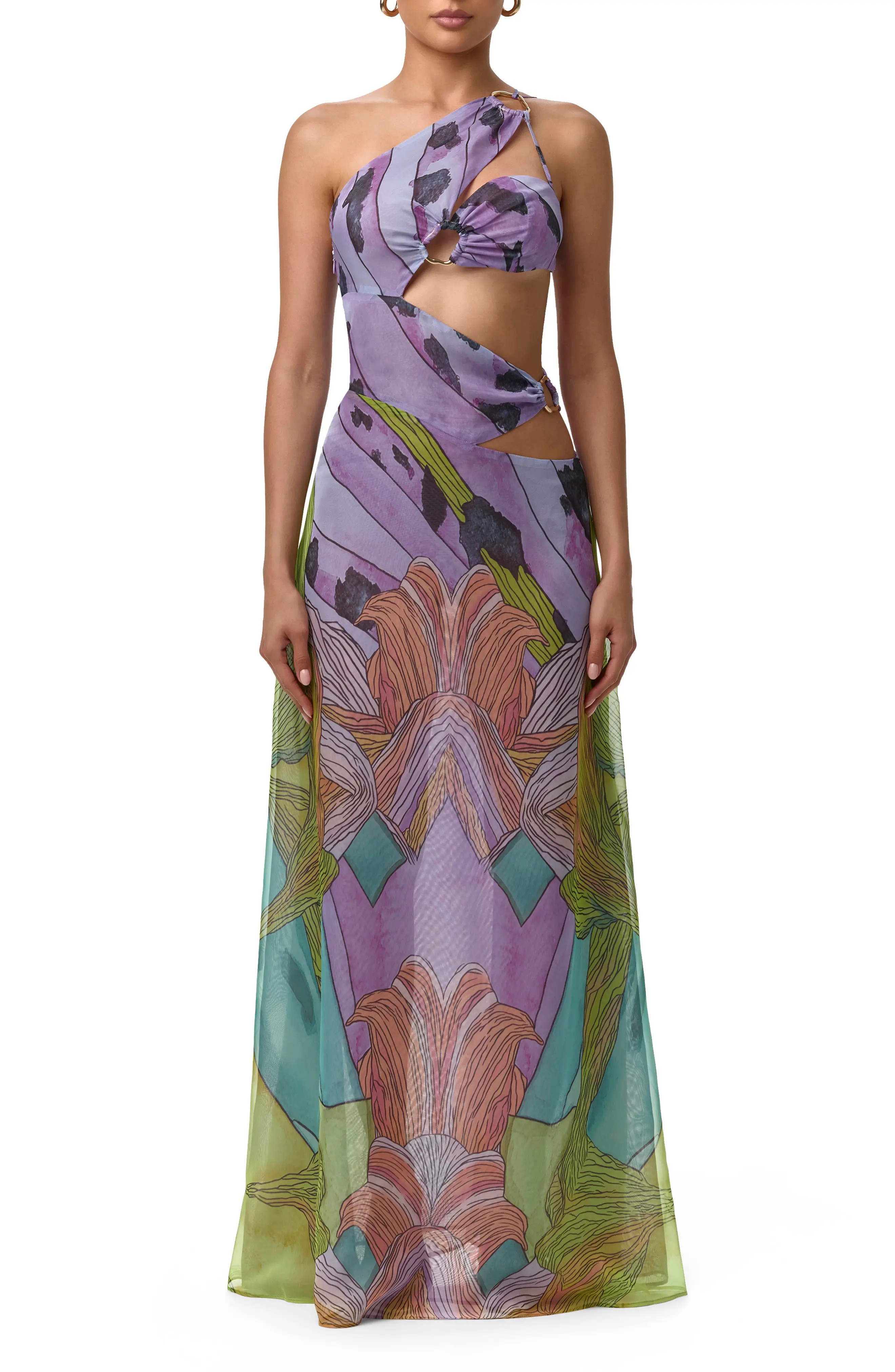 Naked Wardrobe Print Sheer Chiffon Cutout Maxi Dress (Women) | Nordstrom | Nordstrom