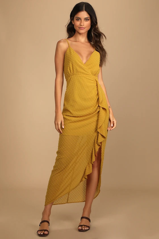 For Us to Dance Mustard Yellow Swiss Dot Ruffled Midi Dress | Lulus (US)