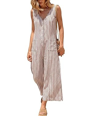 UANEO Women Jumpsuit Striped Button Down Casual Sleeveless Romper Wide Leg Summer Overall 2026 Ou... | Amazon (US)