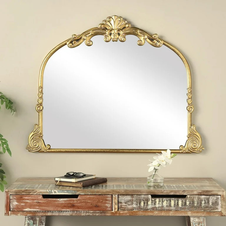 DecMode 44" x 34" Gold Ornate Arched Baroque Scroll Wall Mirror | Walmart (US)