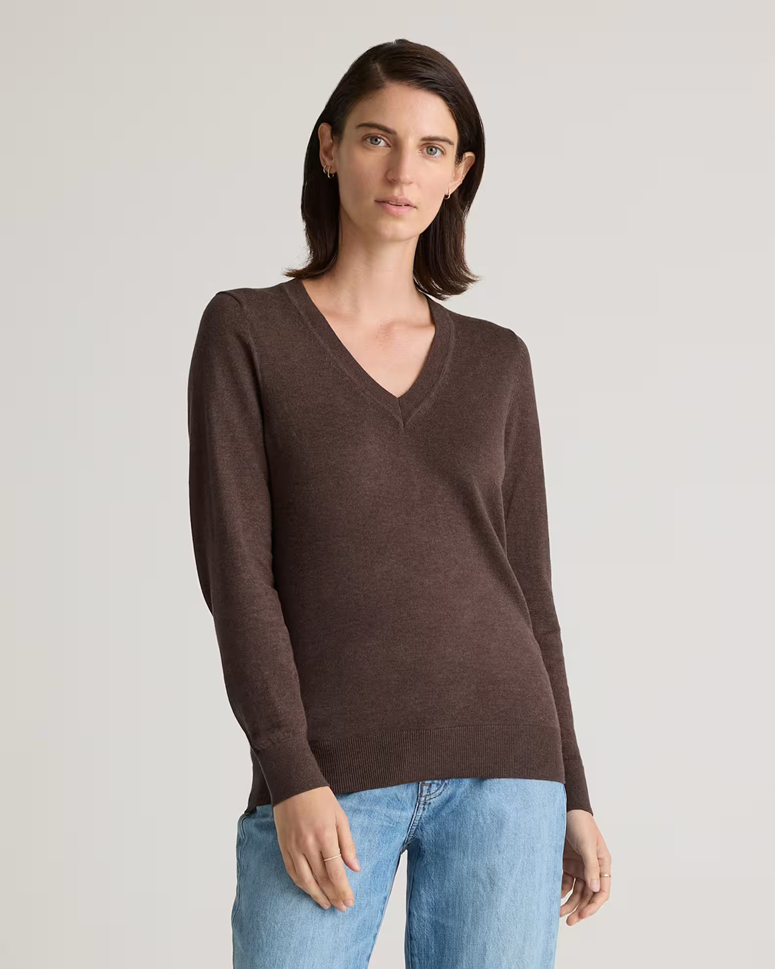 Lightweight Cotton Cashmere V-Neck Sweater in Mocha Heather | Quince
