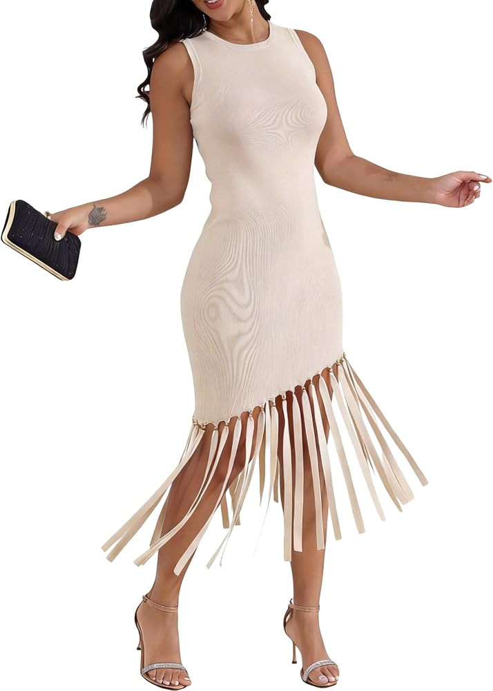 Ryehack Women\u2019s Sexy Bodycon Midi Dress Elegant Sleeveless Asymmetrical Fringe Cocktail Prom... | Amazon (US)