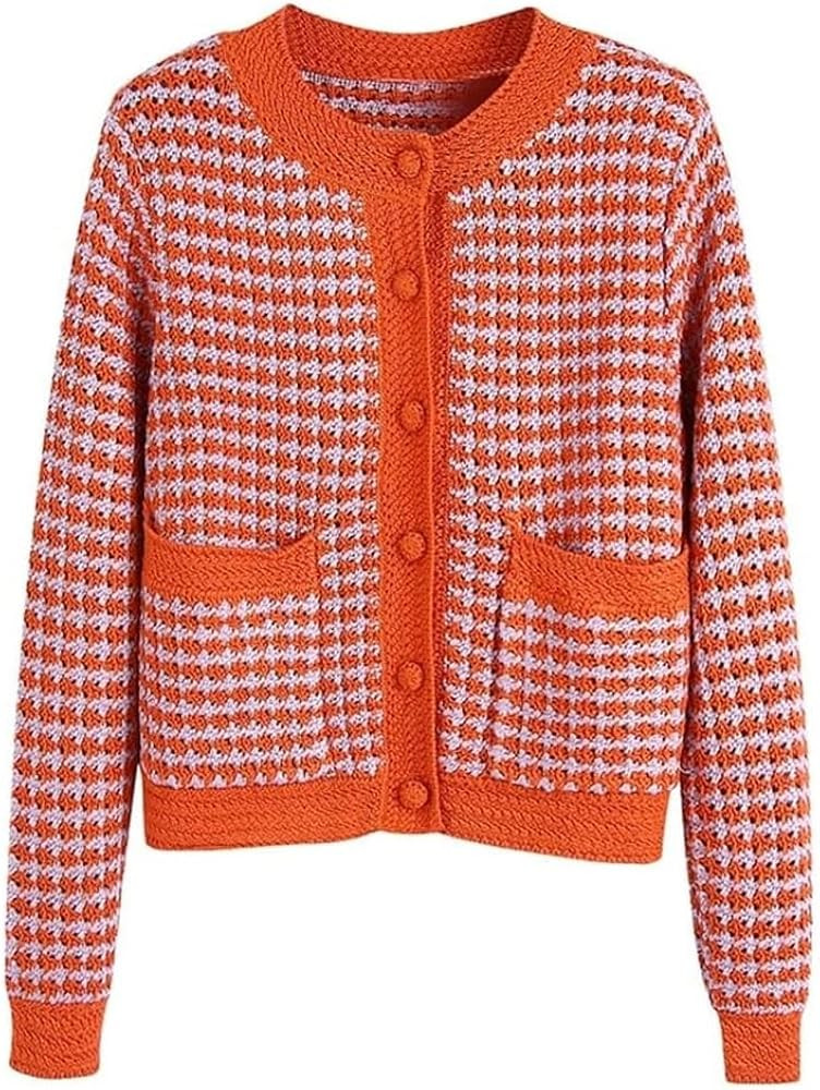 Spring Autumn Vintage Plaid Crochet Knit Sweater Jacket for Women O-Neck Long Sleeve Single Breas... | Amazon (US)