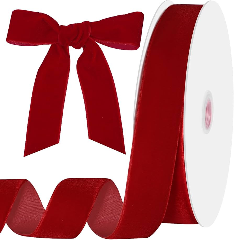 Red Velvet Ribbon 1 Inch x 25 Yards Christmas Ribbons Red Bows for Gift Wrapping Christmas Tree W... | Amazon (US)