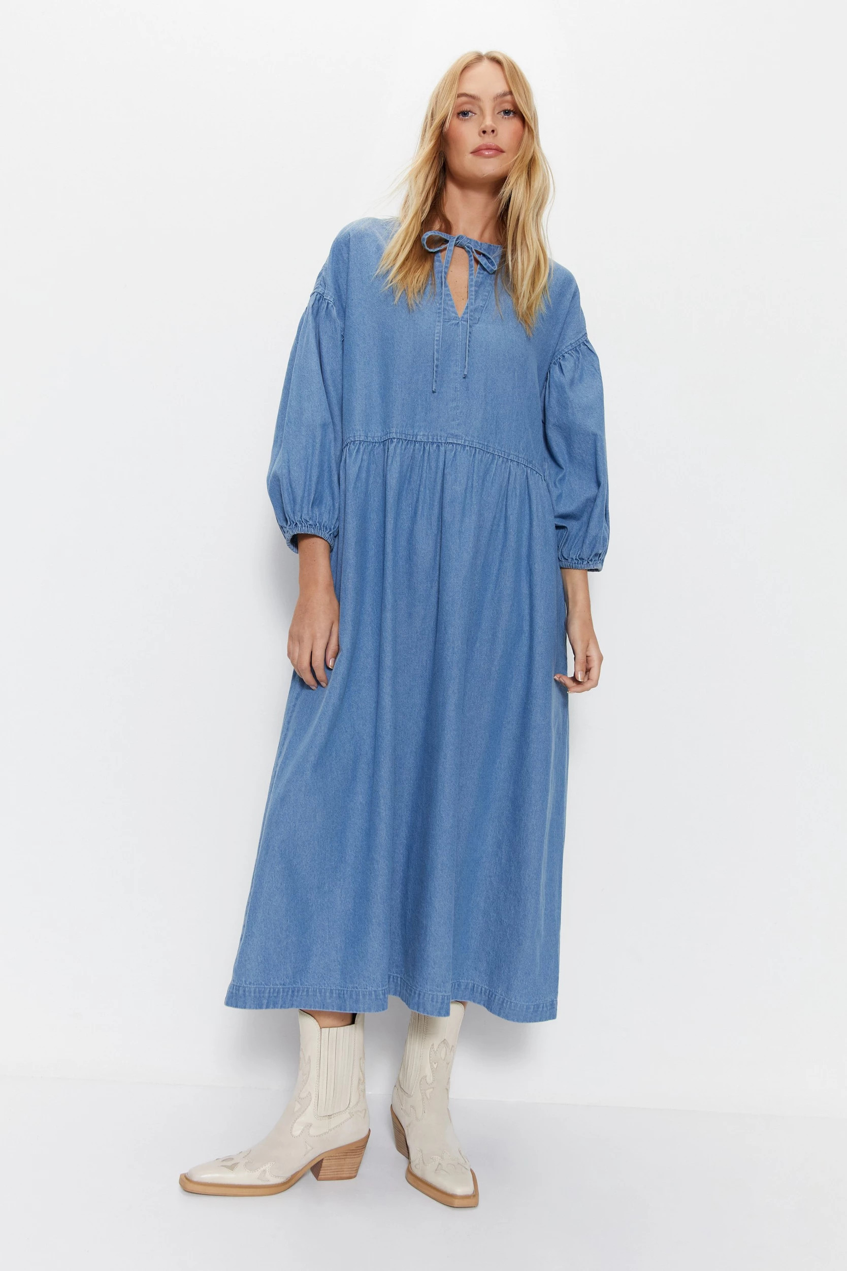 Denim Cap Sleeve Tie Front Dress | Warehouse UK & IE