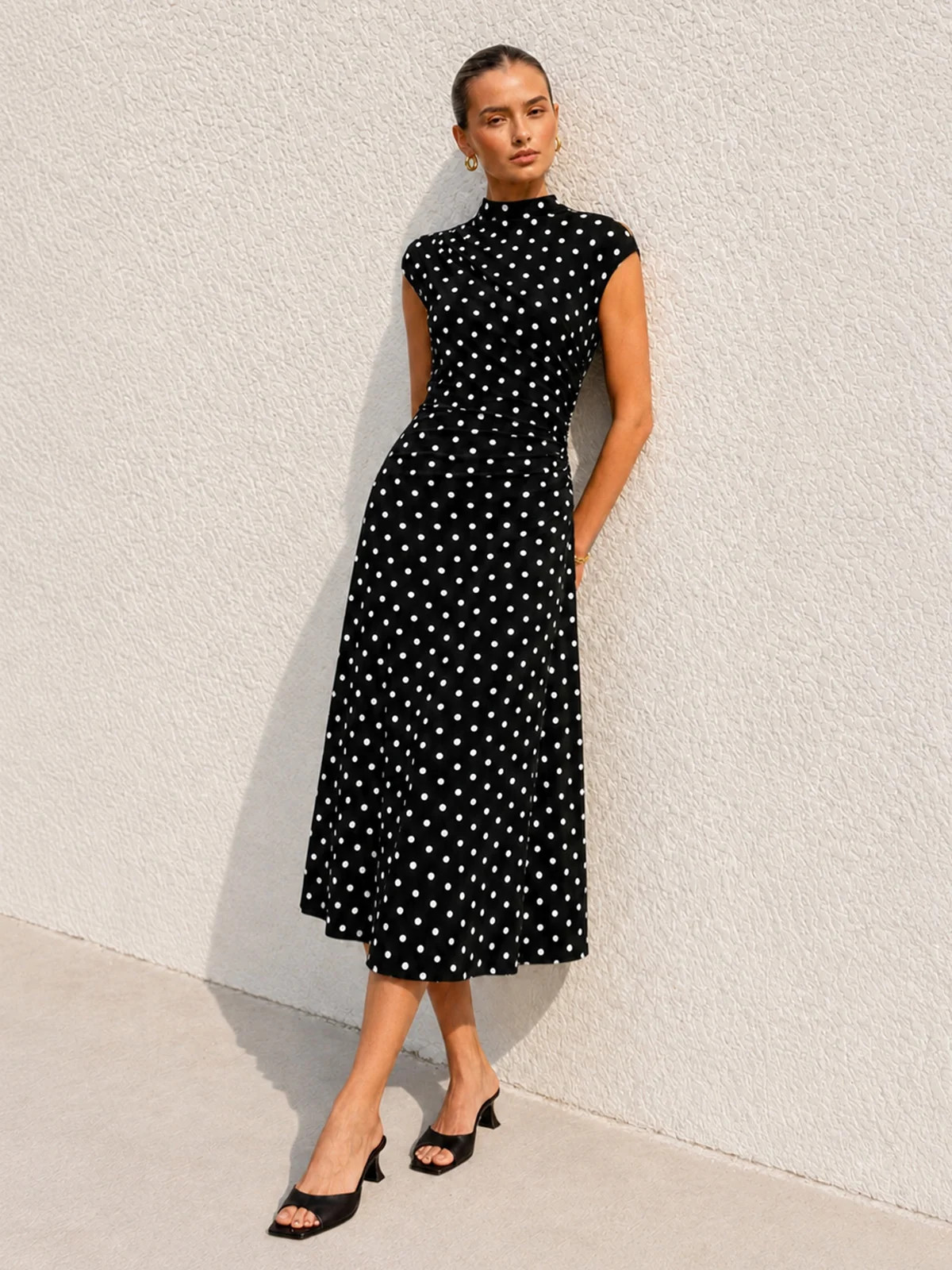 Polka Dot Cap Sleeve Midi Flare Dress | Commense