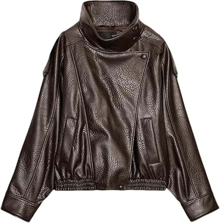Bnigung Women's Oversized Faux Leather Jacket Trendy Zip Up Bomber Coats | Stand Collar, Long Sle... | Amazon (US)