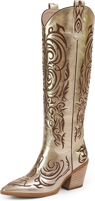 iiimmu Cowgirl Boots Women Knee High Pointed Toe and Block Heel Cowboy Faux Leather Boots with Em... | Amazon (US)