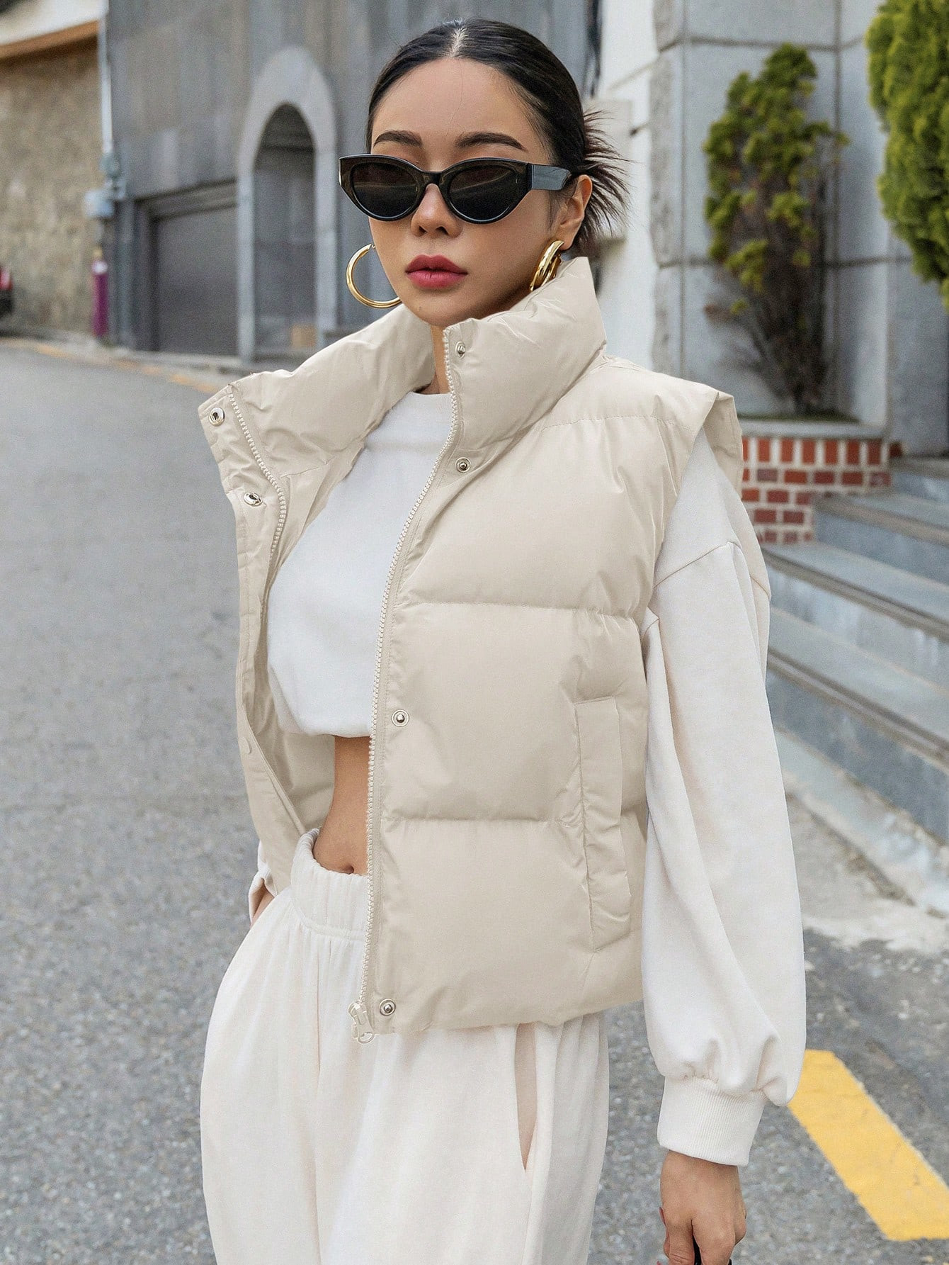DAZY Zip Up Snap Button Puffer Vest Coat | SHEIN