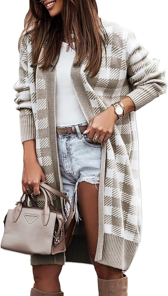 KIRUNDO Women's 2022 Fall Winter Long Sleeve Plaid Open Front Cardigan Loose Fit Soft Chunky Knit Ca | Amazon (US)