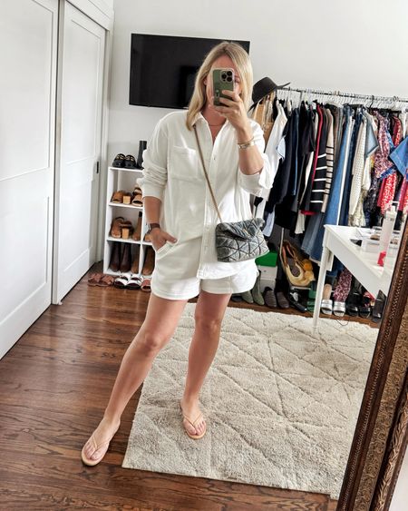 This button down sweat set, currently 50% off 😍 (size down in the shirt, wearing a small. Wearing a medium in the shorts)
Use code MYSTYLEDIARIES10 to save on the flip flops 🩴 

#LTKsalealert #LTKSeasonal