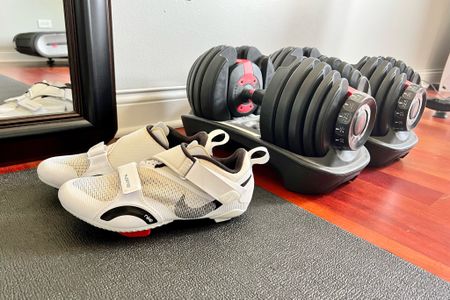 Spin shoes. Cycle shoes. Workout shoes. Workout spin shoes. Nike. Nike super reps. Workout mat. Bike mat. Treadmill mat. Bowflex weights. Bowflex select tech weights. Home gym. Full length mirror. Gym mirror. Mirrors. Gym equipment. 