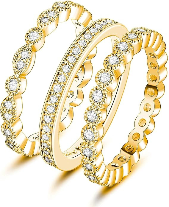 OPOMOMO 3Pcs 2mm Women Stackable Eternity Ring Wedding Bands,18K Gold Plated Cubic Zirconia Promi... | Amazon (US)