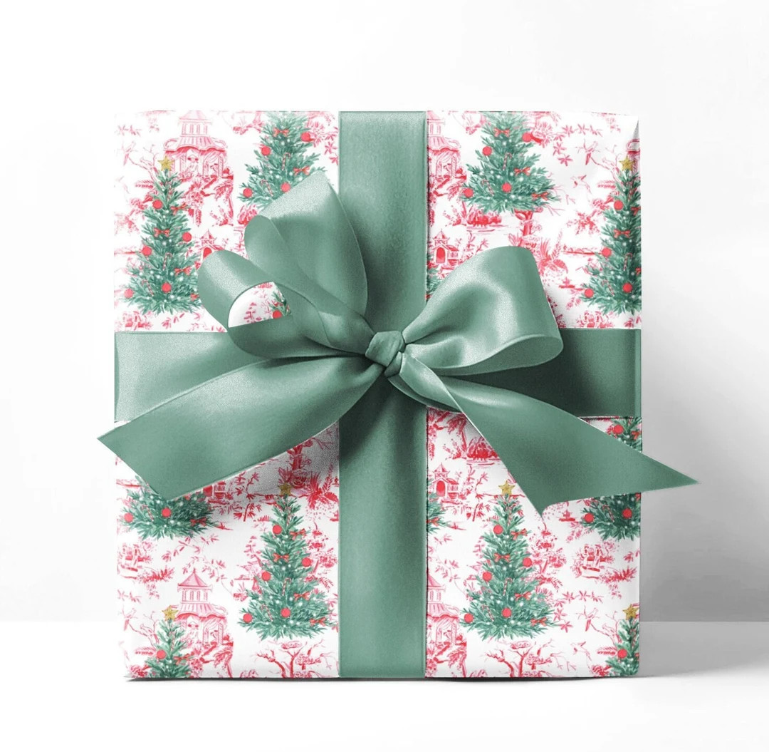 Chinoiserie Christmas Tree Wrapping Paper Red and Green - Etsy | Etsy (US)