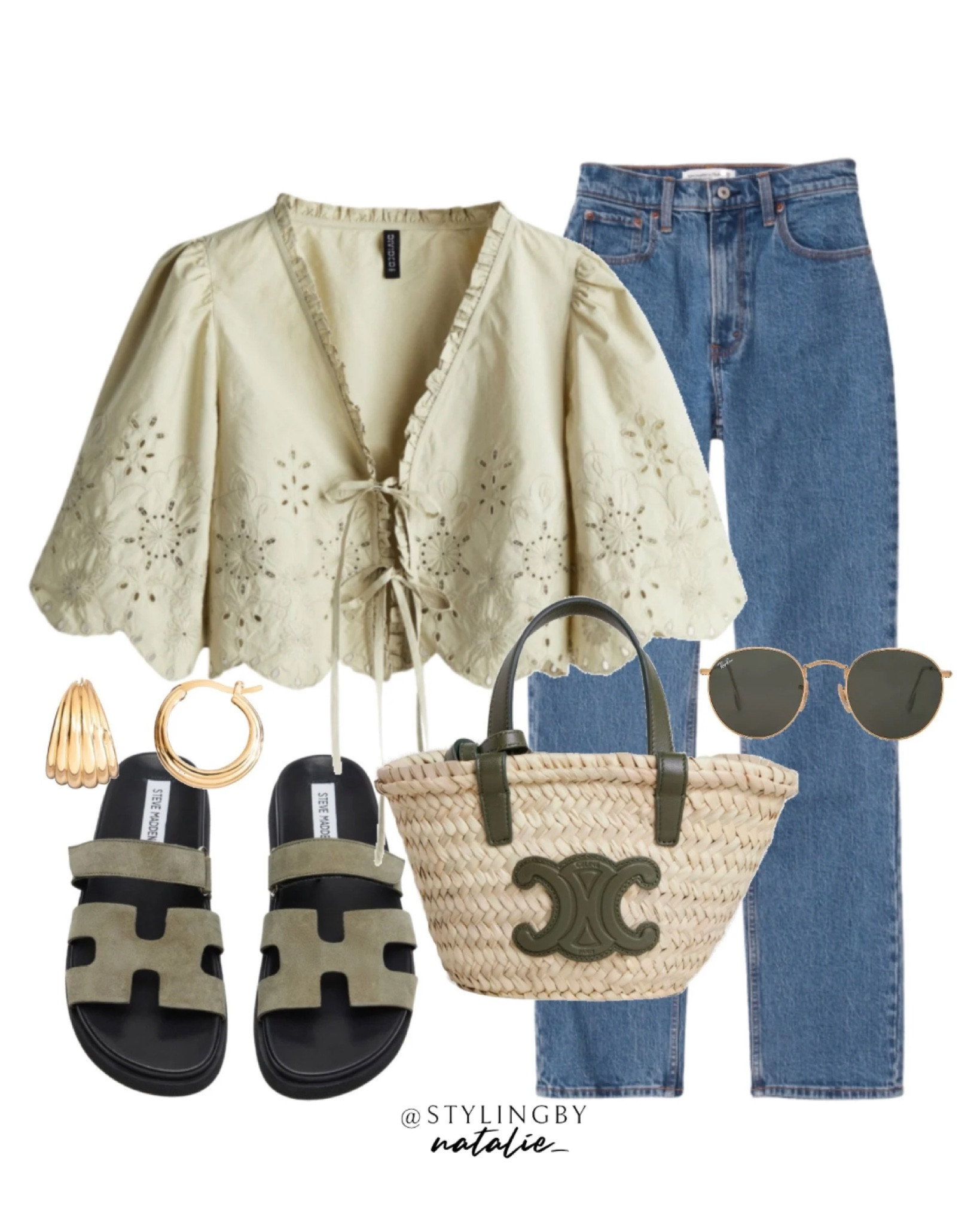 Green cropped broderie anglaise tie together top, high rise denim jeans, Steve Madden sandals, straw bag, Ray ban metal sunglasses & gold hoop earrings. Summer outfit, summer look, green outfit, casual outfit.

#LTKsummer #LTKshoes #LTKstyletip