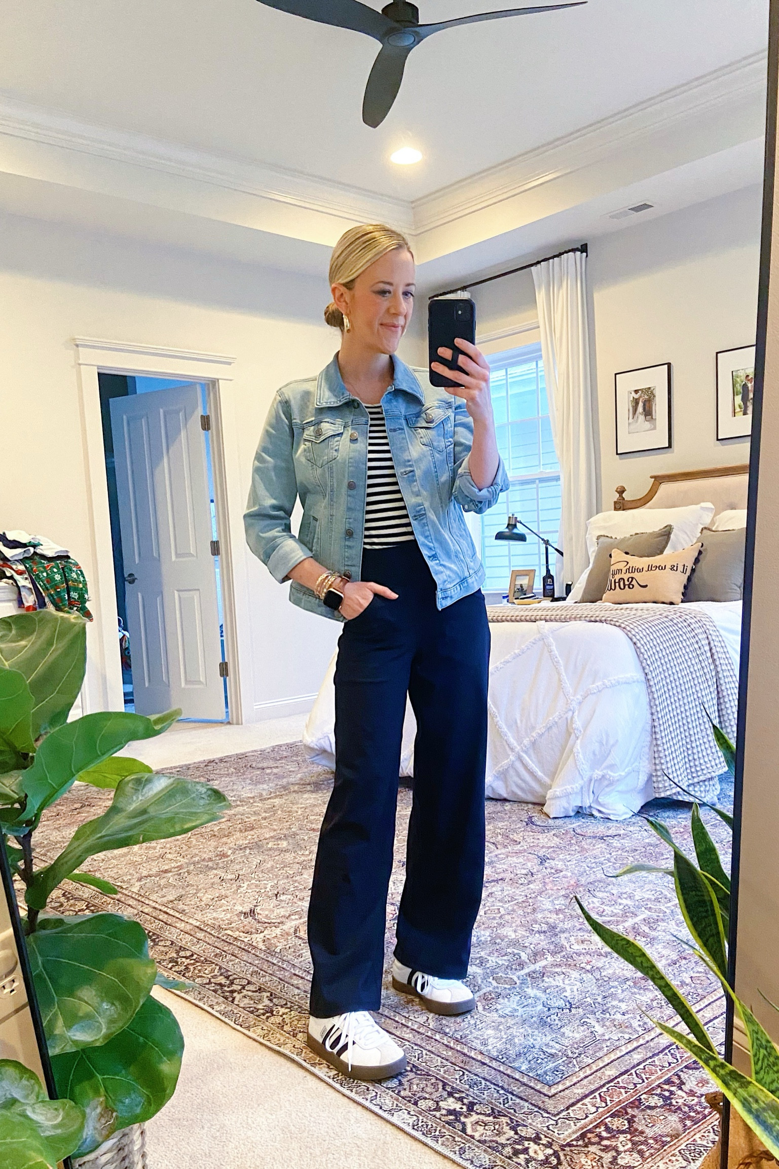 Classic mom-on-the-go outfit. 

Jean Jacket: Walmart (XS) Great quality 
Wide Leg Yoga Pants: Amazon (XS)
Stripe Tee: H&M (XS) Comes in a 3-pack and great for a spring basic
Neutral Sneakers: adidas VL Court (TTS)

Elevated Mom Style | Mom Chic | Amazon Yoga Pants | Casual Spring Outfit | Walmart Jean Jacket | Mom Style | Mom Chic | Classic Style | Spring Capsule Wardrobe 

#LTKSeasonal #LTKfindsunder50 #LTKfamily