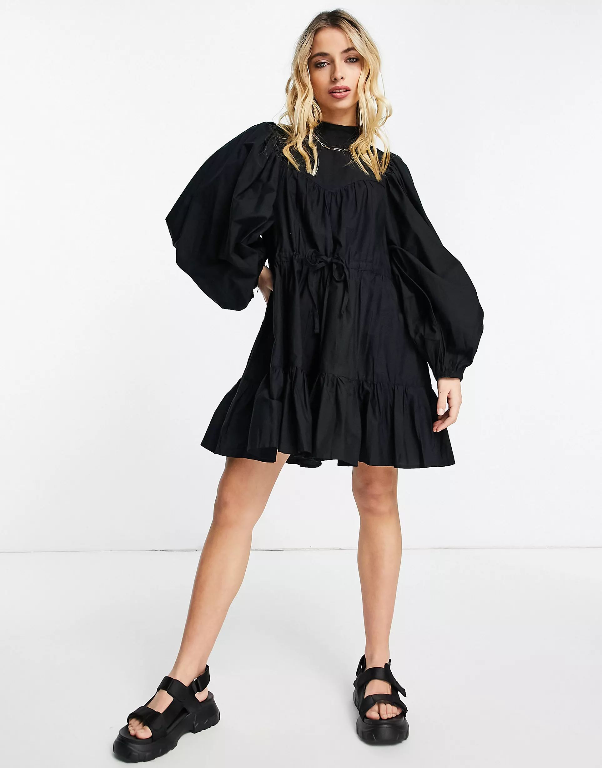 ASOS DESIGN cotton poplin pintuck yoke mini skater dress in black | ASOS (Global)
