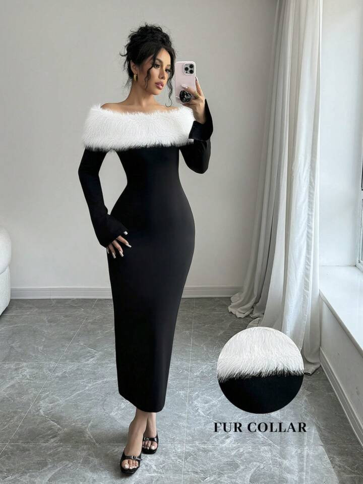 SHEIN Frenchy Off-The-Shoulder Fuzzy Bodycon Long Sleeve Dress Maxi Women Outfit | SHEIN