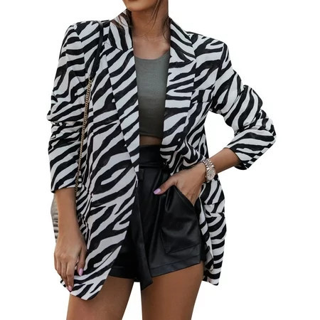 HUBERY Women Zebra Printed Lapel Collar Long Sleeve Open Front Blazer Jacket | Walmart (US)