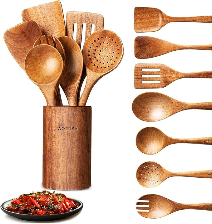 Wooden Spoons for Cooking - 8-Piece Wooden Kitchen Utensil Set made of Natural Solid Wood Materia... | Amazon (US)