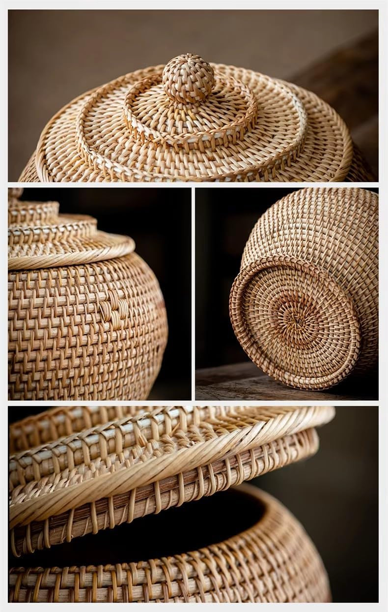 Basket Storage Rattan Woven Baskets with Lid Round Wicker Fruit Boxes Decorative Tray Lids Sundries Mini Snack Bread Organizer (11) | Amazon (US)