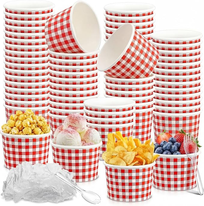 Tessco for you 100 Pack Red and White Gingham Ice Cream Cups with Plastic Spoons 12 oz Disposable... | Amazon (US)