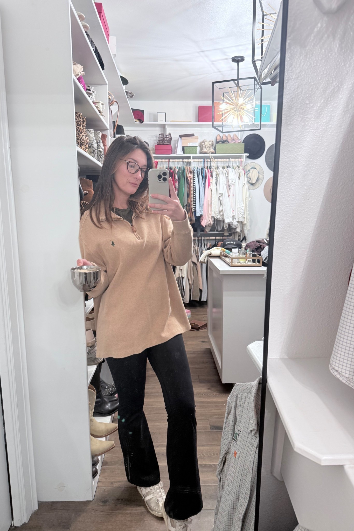 Chic lazy outfit 
Yoga pants 
Calvin Klein glasses
Polo quarter zip
Metallic sneakers 
Coffee 

#LTKSeasonal