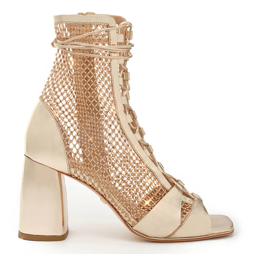 Romi Sparkling Crystal Mesh Heel Boot With Open Toe | DANIELLA SHEVEL, LLC