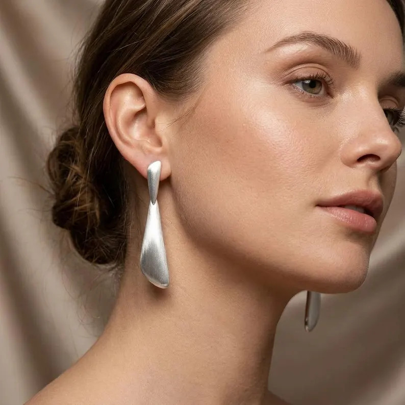 Matte Silver&Gold Sculptural Drop Earrings, Architectural Tapered Dangle Jewelry | Etsy (Global)