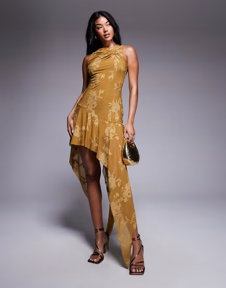 ASOS DESIGN devore hanky hem mini dress in bronze-Brown | ASOS (Global)