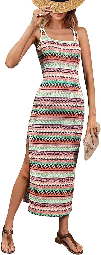 PRETTYGARDEN Tank Dress for Women 2025 Summer Casual Striped Maxi Dresses Fitted Square Neck Beac... | Amazon (US)