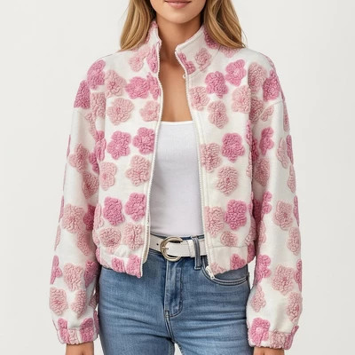 Anna-Kaci Women's Zip-Up Jacket with 3D Floral Pattern and Elastic Hem - Medium, Pink | Target