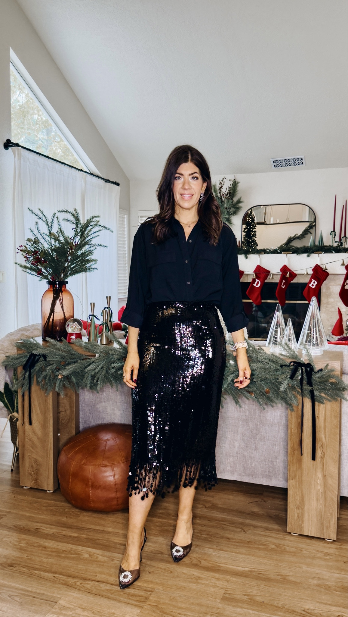 In a medium button down and medium sequin skirt 

#LTKTall #LTKMidsize #LTKHoliday