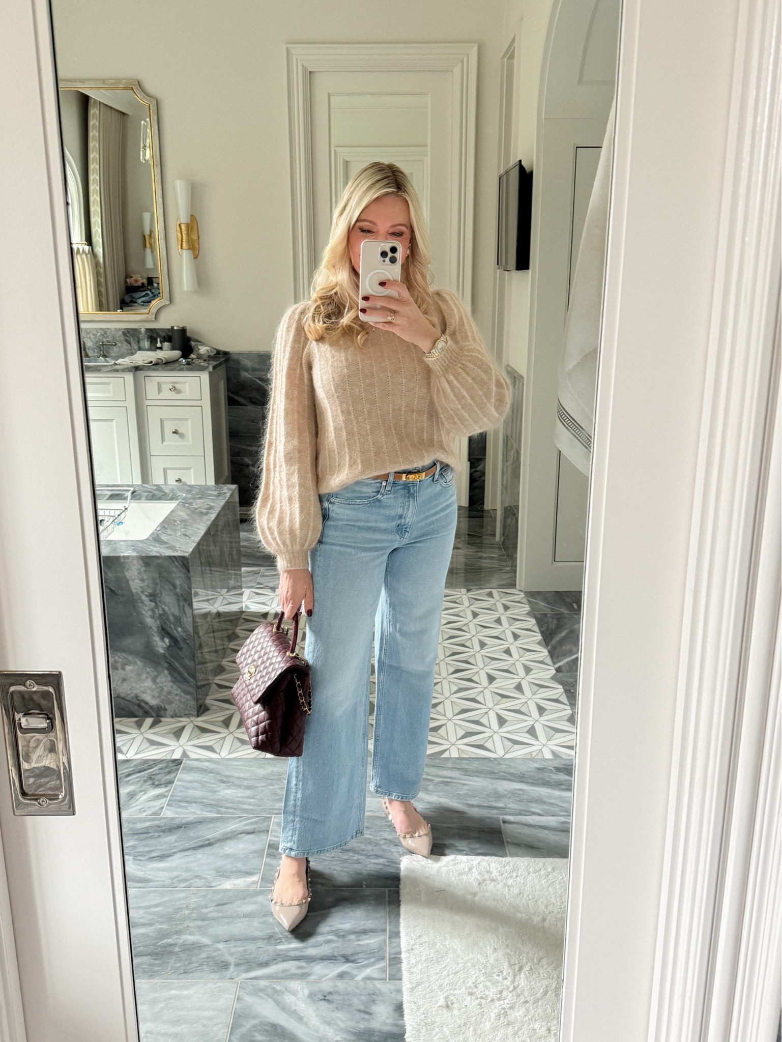 Soft pink sweater and flare denim (you can custom pick the length of these jeans so they fit perfectly / no alterations!!!) Paired with burgundy bag, light pink Valentino flats. Wearing M sweater and 27 jeans - TTS  


#LTKStyleTip #LTKFindsUnder100 #LTKOver40