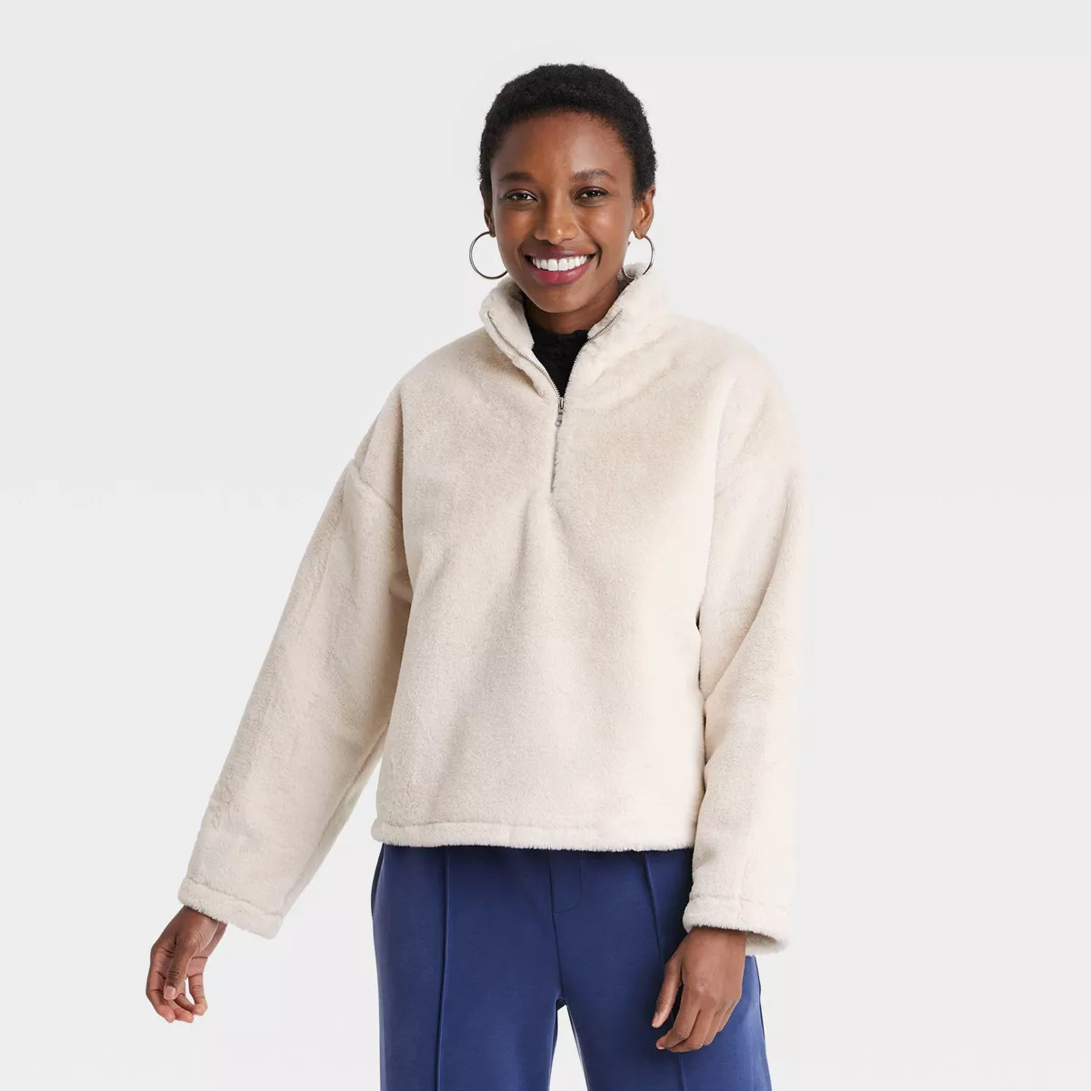 Women's Faux Fur Quarter Zip Sweatshirt - A New Day™ White M | Target