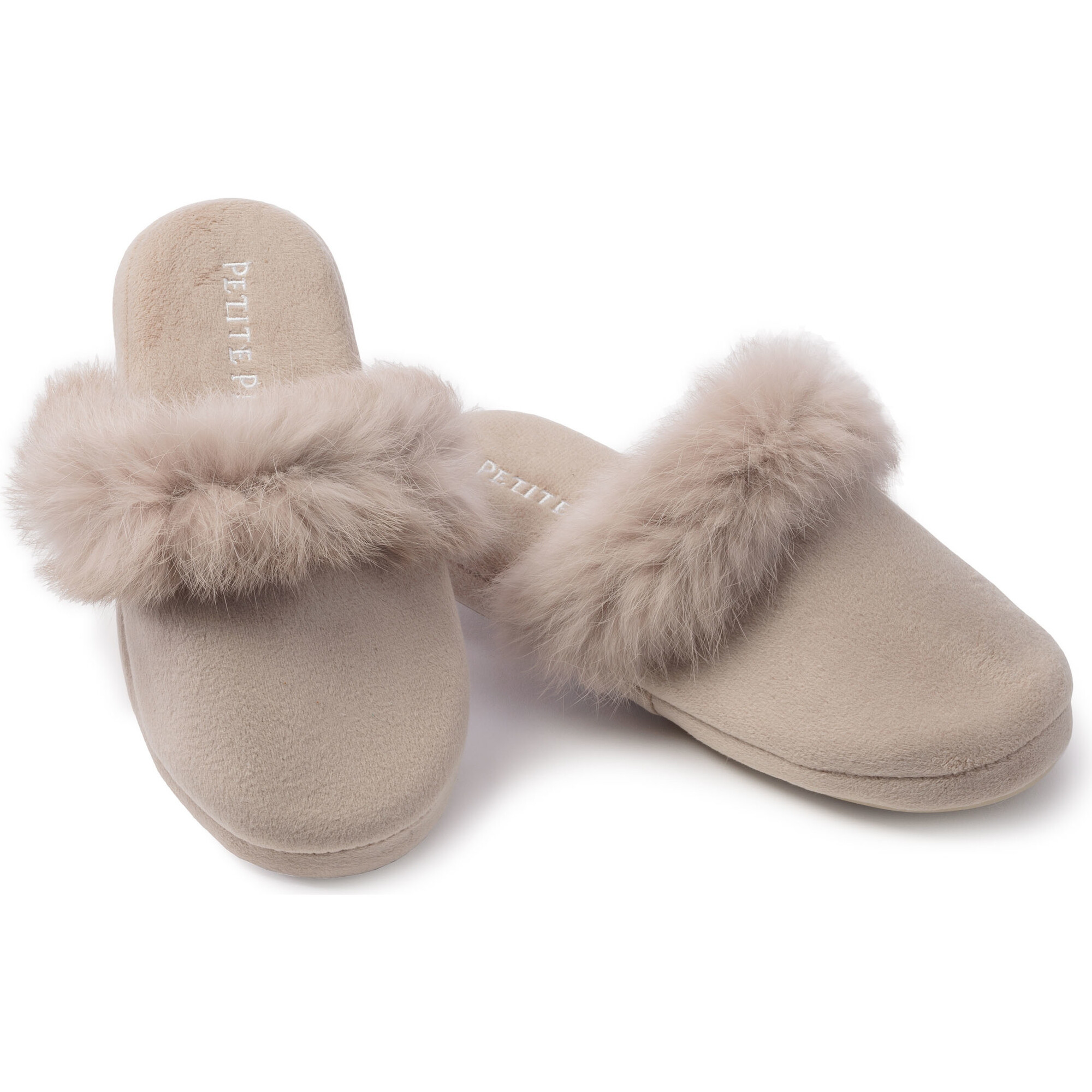 Women's Faux Fur Trim Slippers, Beige | Maisonette
