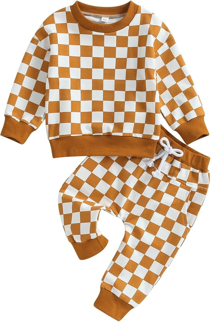 Karwuiio Toddler Baby Boy Girl Clothes Checkerboard Print Long Sleeve Sweatshirt Tops and Pants F... | Amazon (US)