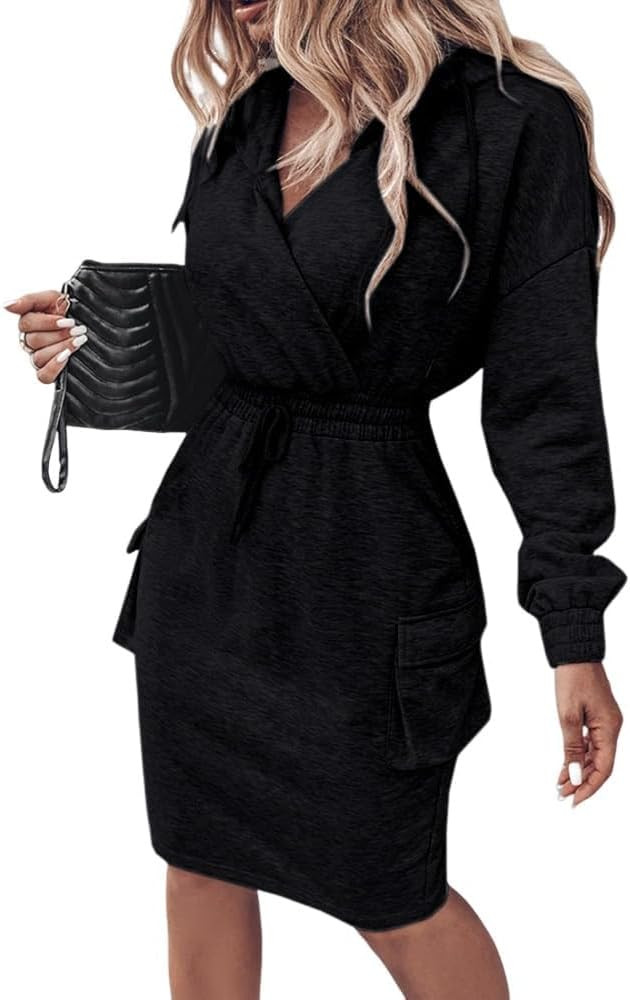 CHICME Womens Pullover Hoodie Dress 2025 Long Sleeve V Neck Wrap Drawstring Waist Casual Sweatshi... | Amazon (US)