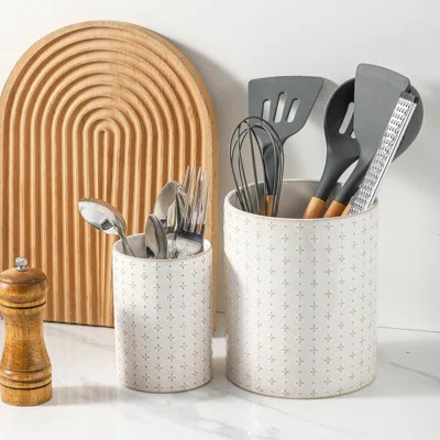 Ceramic Cooking Utensil Holder Set Of 2, Large Utensil Crocks, Morden Kitchen Tool Tolder For Spatula, Arctic White | Wayfair North America
