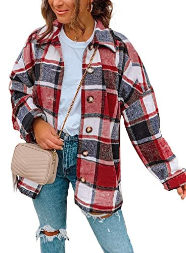 PRETTYGARDEN Women's Fall Clothes Plaid Shacket Jacket Trendy Casual Long Sleeve Button Down Flannel Shirts Fashion Blouse(Plaid Print Red,X-Large) | Amazon (US)
