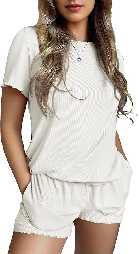 Ekouaer Womens Pajamas 2 Piece Ribbed Knit Pjs Colorful Pattern Sleep Set Short Sleeve Pajamas Se... | Amazon (US)