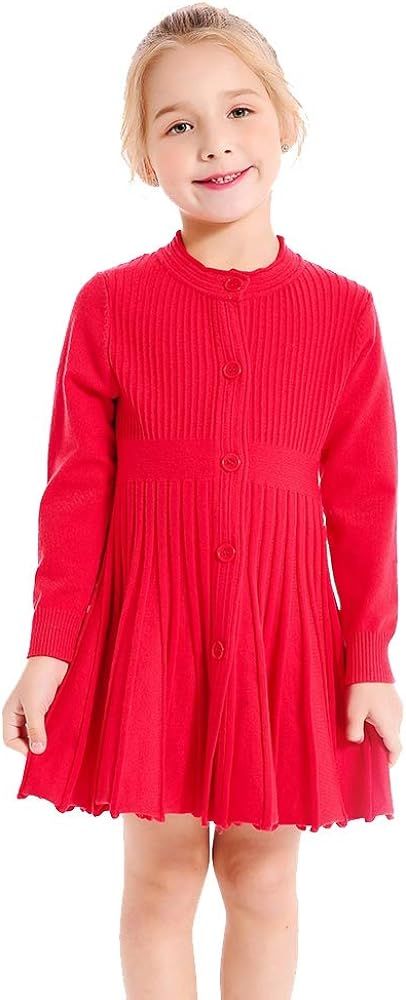SMILING PINKER Little Girls Pleated Dress School Uniform Long Sleeve Button Front Knit Sweater Dr... | Amazon (US)
