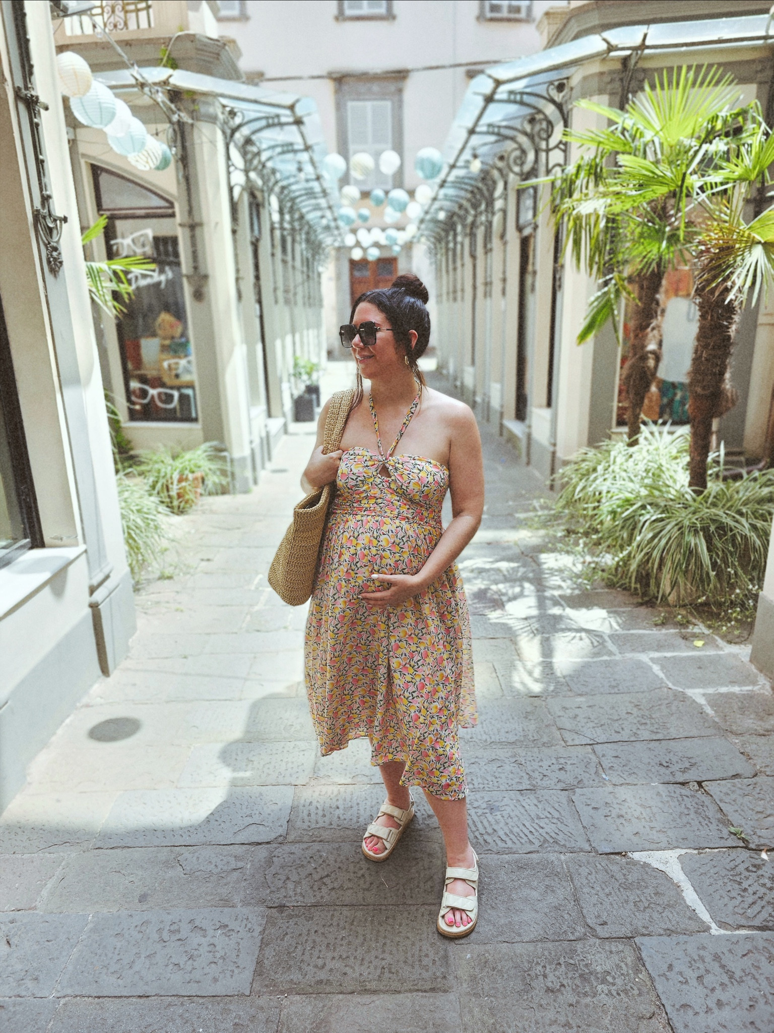 Italy outfit, bump friendly dress, summer dress, lemon print dress, straw summer bag, tote bag, ysl rive gauche bag, dad sandals, tan sandals, summer flat sandals 

#LTKSeasonal #LTKshoecrush #LTKbump