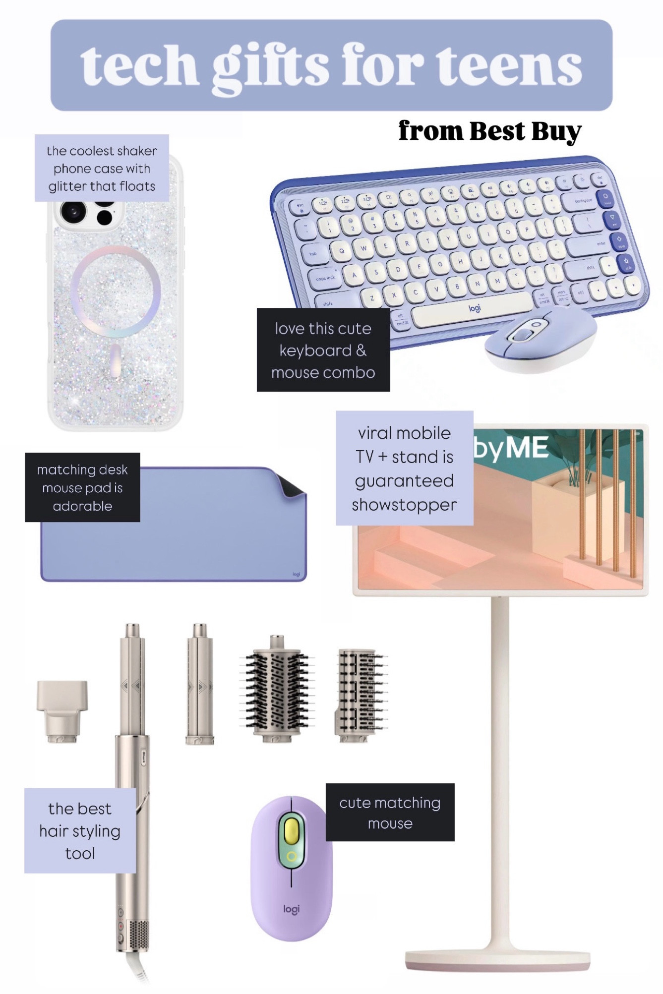 The BEST tech Christmas gifts for teens from @bestbuy! #BestBuyPartner These are guaranteed showstopper gifts - shaker glitter phone case, cute pastel keyboard and mouse, adorable matching desk mouse pad, the viral mobile TV and stand, the best hair styling tool, and the cutest matching computer mouse! 

#LTKHoliday #LTKGiftGuide #LTKSeasonal