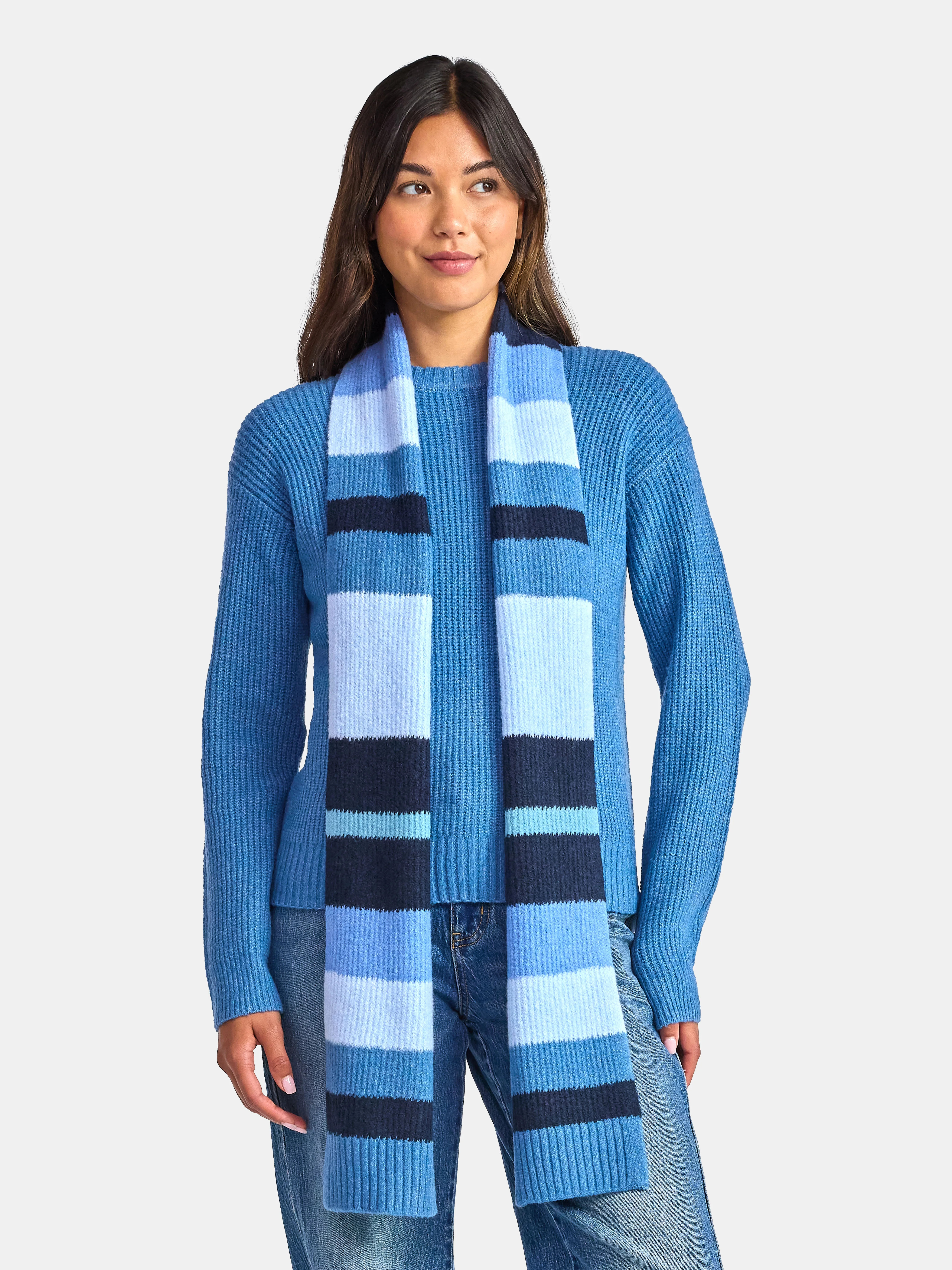 Time and Tru Women's Ribbed Crewneck Sweater and Stripe Scarf Set, 2-Piece, Sizes XS-XXXL | Walmart (US)