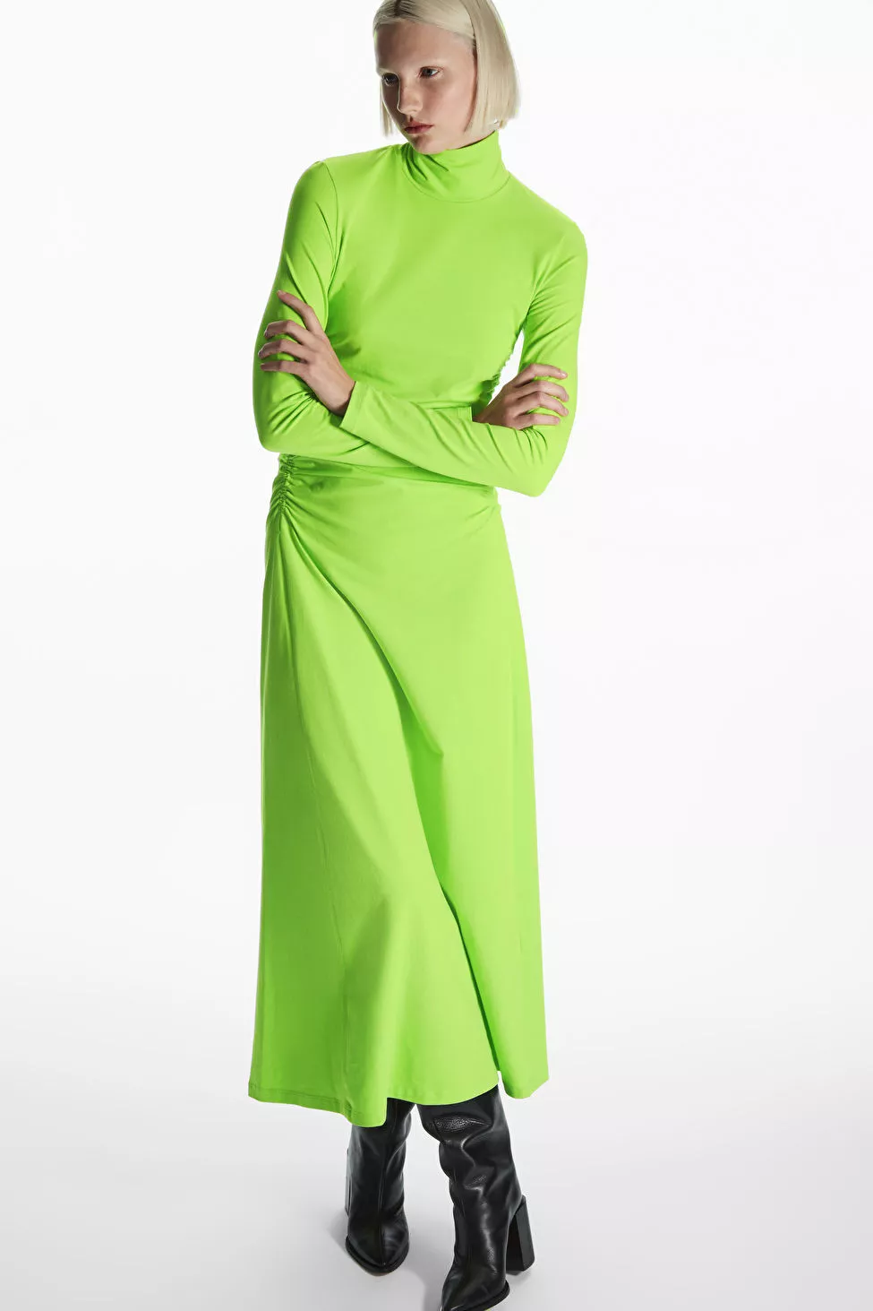 COS green gathered-neck wool dress